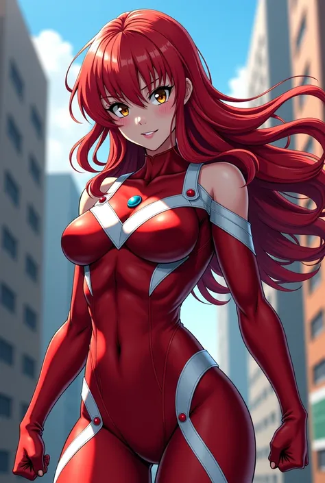 My Hero Academia Style , Anime girl, female, young female ,Full Body Shot,(fighting Pose:1.5),Long hair, Red Hair,  Brown Eyes,Hero Suit, Full Body Suit, red suit with white details,small round blue jewel in the center of the chest, perfect anatomy,  Tough...