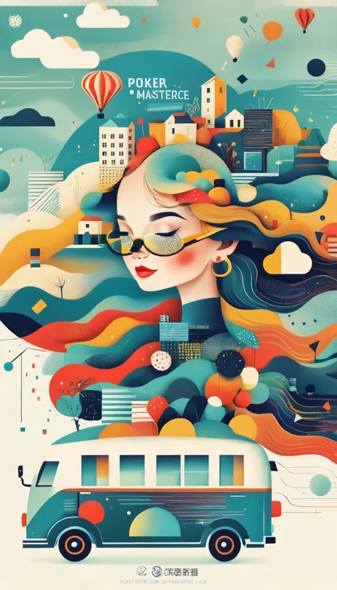 (Long Shot: 1.8), ( masterpiece,  Best Quality : 1.2), (Flat vector: 1.3),  art concept illustration ,  Minimalist,  Minimalist风格, Chinese elements，Chinese grandpa，Granny，(Trolley case ), (Poker), 一个女孩的头上装饰着许多五颜六色的 Poker，sunglasses，straw hat， banner,  and ...