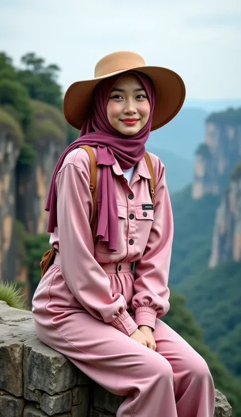 A beautiful Asian woman with ,Long and loose pink hijab wearing fashionable modern muslim overalls, wearing a wide hat ,  sitting on a tree on the edge of a scary cliff , Smiling face, sweet looking at the camera 