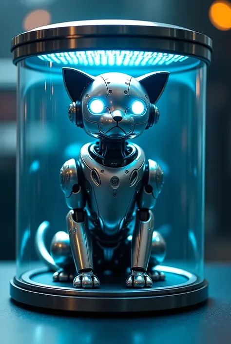 A sleek, metallic robotic cat named Neo, with glowing blue eyes, confined within a transparent, high-tech container. The atmosphere is futuristic and enigmatic.