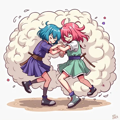 An anime-style illustration depicting samurai-girls playfully wrestling with each other inside a comical fight cloud.
each samurai-girl has different colored hair.
their faces,hands,and feet are visible emerging from the cloud as they tussle humorously,  w...