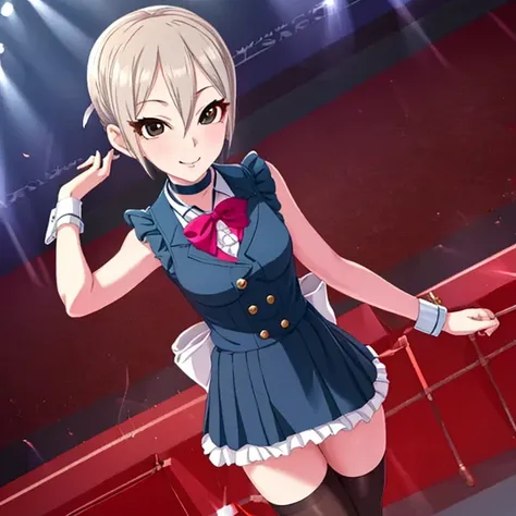 Syuko Shiomi, Masterpiece, top quality, super detailed, Super High Definition,8k,4K,Ultra HD, so beautiful,gray hair,short hair,black eyes,18 years old,, growing skin, glossy lips,Slim Body, medium breasts,
idle, (school festival frilled costume:1.3),(mini...