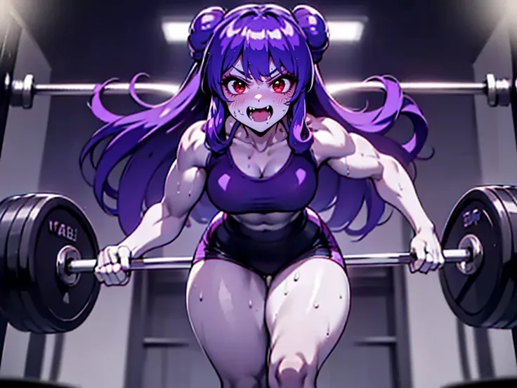 Sexy anime girl (( toned body, muscular female, athletic body, wide hips, narrow waist, thight Gap, perky breasts, shredded ABS)). (Weight lifting a barbell:1.5) (From below, standing over viewer, pov :1.7) Sweaty, sweating, sweaty, heavy breathing, tired,...