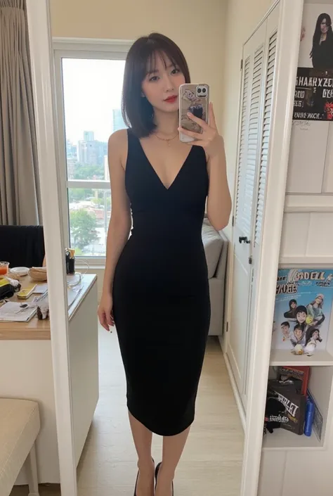 An amateur mirror selfie in a student-themed room with a city view in the background. A fair-skinned Asian woman with medium breasts strikes a confident pose, wearing a fitted, sleeveless black dress that reaches just above the knee, with a flattering V-ne...