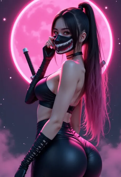 A cyberpunk anime-style female warrior with long black and pink hair, wearing a dark, revealing cyber-ninja outfit. She holds a black face mask with sharp, white fangs printed on it, revealing seductive yet menacing eyes. A glowing pink moon is behind her,...