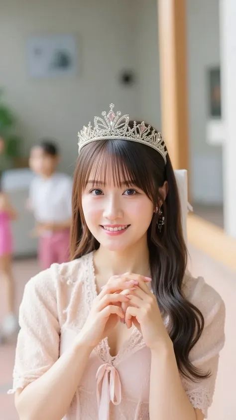 "A cute woman wearing an elegant dress and a sparkling tiara, standing gracefully. She has long flowing hair and a gentle smile, exuding a royal charm. The dress is a beautiful shade of pastel pink with intricate lace details, and the tiara is adorned with...