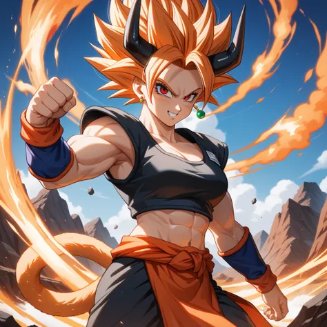 Female Saiyan character with long orange hair, black horns, orange tail, Red eyes, character from Dragon Ball, In the Akira Toriyama style, High resolution, highly detailed, wild, super saiyan style, ultra focused , Ultra sharp, Black armor, orange wristba...