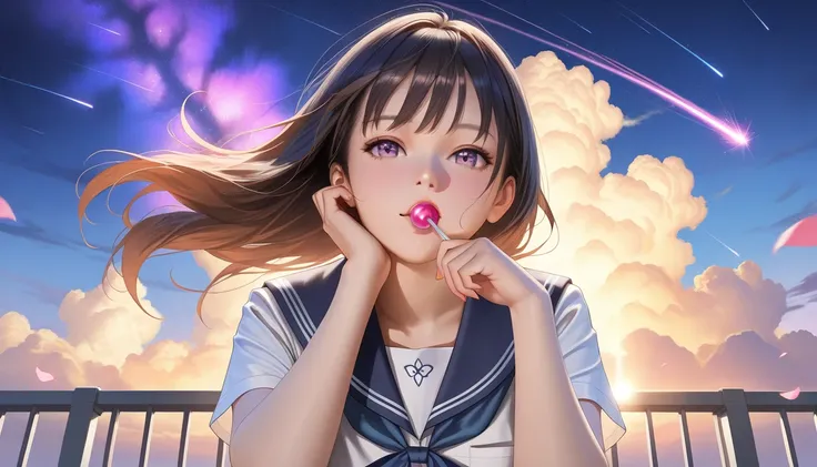 (best quality,4k,8k,highres,masterpiece:1.2),ultra-detailed,(realistic,photorealistic,photo-realistic:1.37),HDR,1 sexy young girl standing on Japanese school rooftop,watching meteor shower,deep blue sailor uniform with white collar,delicate facial features...