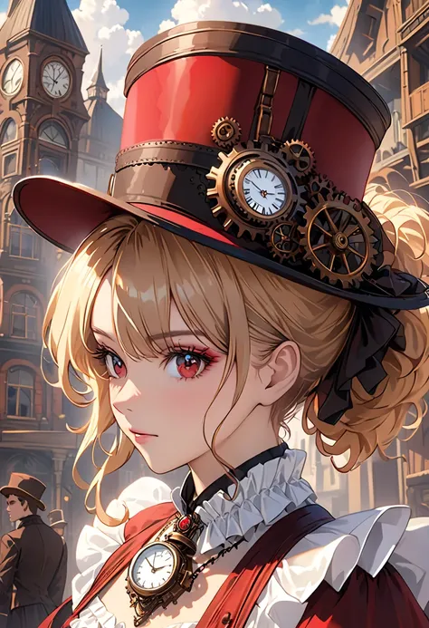  Straight Hair Blonde Short Curly  Girl Little Red Hat, Necklace Watch, ( Victorian), (( steampunk)),  cinematography, Worked,  elegant, Close up portrait of , Spectacular,  Maximum Details , Extremely Hyper Aesthetic , Exquisite details, many gears , Old ...