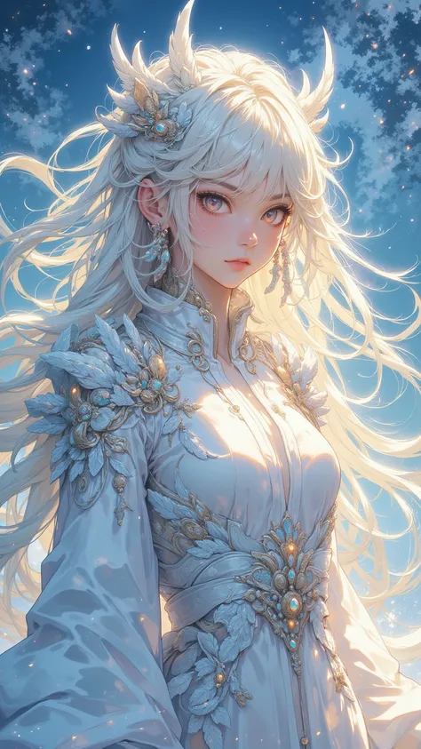  A magnificent masterpiece ， shows a beautiful young girl ， imbued with a mysterious and charming air， with long flowing hair ， wearing precious dreamy feathers ，Elegant and fluffy ， under a watercolor magic sky ，Icy magic。