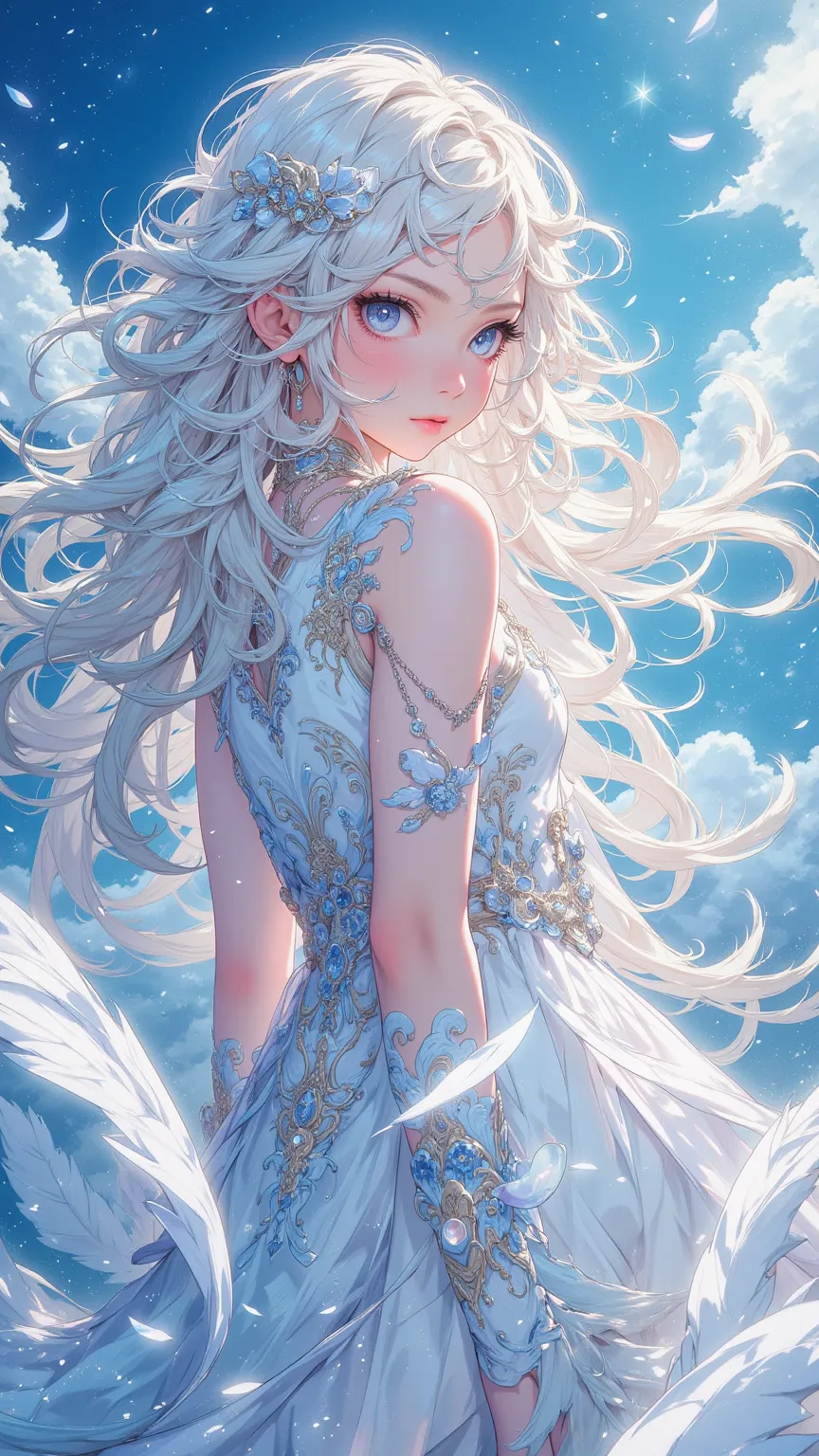  A magnificent masterpiece ， shows a beautiful young girl ， imbued with a mysterious and charming air， with long flowing hair ， wearing precious dreamy feathers ，Elegant and fluffy ， under a watercolor magic sky ，Icy magic。