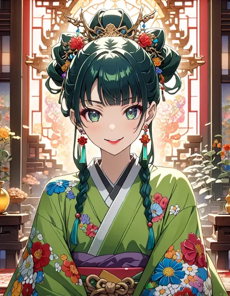   front view, Video viewers ,(​ masterpiece、  top quality 、  Official Art、 Beautifully Artistic  :1.2)、 beautiful pink eyeshadow、((   masterpiece、   top quality 、    very well detailed))、  Ornate Decor ,  green hair、  hairpins，   hair ornament  、   green e...