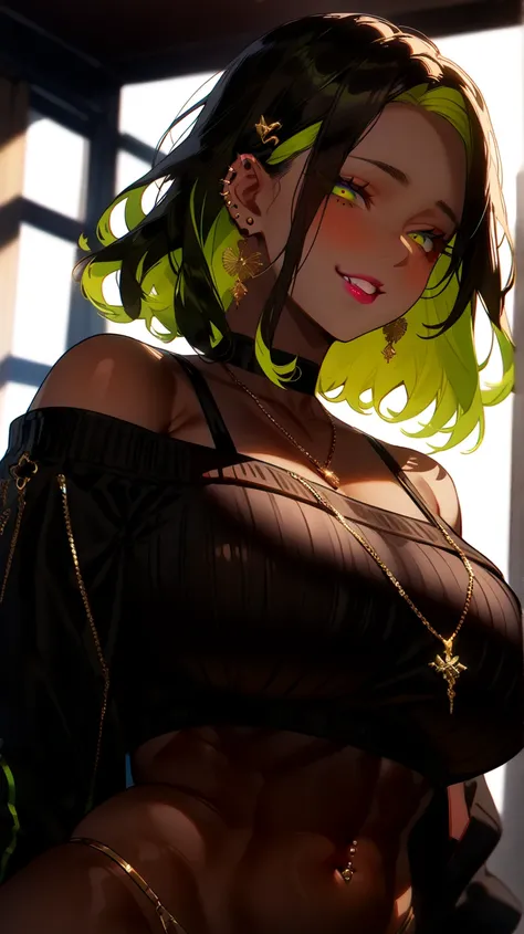 ( Masterpiece), ( portrait ), solo, big size (aesthetics), ((a 
woman)) ,((40 years old)),  piercings all over the face), (( short hair,   mole )),  straight hair, Green colored inner hair, opened small eyes,  green eyes,  cute, chubby 
woman,  Malicious S...