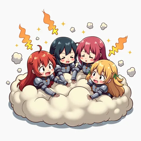 An anime-style illustration depicting knight-girls playfully wrestling with each other inside a comical fight cloud.
each knight-girl has different colored hair.
their faces,hands,and feet are visible emerging from the cloud as they tussle humorously,  wit...