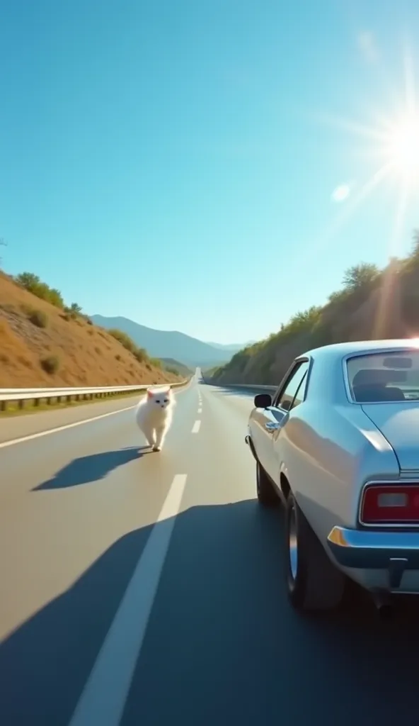 "A fast-moving car is speeding down the same highway where a cute white cat was walking earlier. The road stretches far with clear blue skies above. The sun is shining brightly, and shadows are visible on the road. The car’s tires slightly blur due to high...