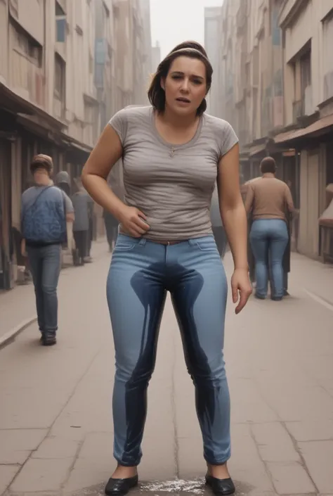 A Brazilian woman , , on a sidewalk of a busy avenue, wearing tight jeans,  with her hand between her legs and peeing on her pants .  Her pants are very wet and her face expresses desperation and embarrassment because she has peed on her pants.. ( show ful...