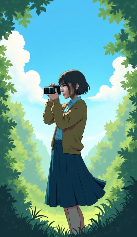  flared skirt , Cardigan,  short hair ,  is expressionless, I'm holding a camera, In the forest,  blue sky