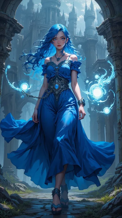  Portrait of Mysterious Witch， Young Beautiful Lady ， Spirit Breath ， charming eyes ， Blue Hair， Brilliant Glow ， Summer Skirt ， Plump Skirt ，Ice Snow Fireball ， walk，castle，Ancient magic