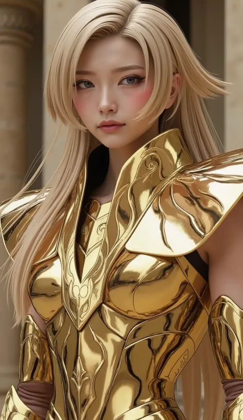 (Korean woman who cosplayed as Shaka from Virgo Balgo),((( close my eyes))), (((live-action))),(Young face),(((Close your eyelids))),(( full body shot on one side)),((Ancient Greek Temple )),(( shooting star, Milky Way)),(((Golden Shining Armor))),( perfec...