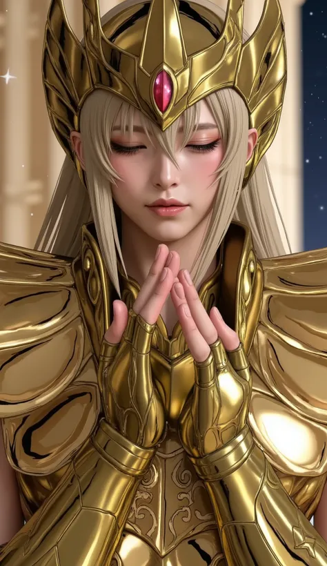 (Korean woman who cosplayed as Shaka from Virgo Balgo),((( close my eyes))), (((live-action))),(Young face),(((Close your eyelids))),(( full body shot on one side)),((Ancient Greek Temple )),(( shooting star, Milky Way)),(((Golden Shining Armor))),( perfec...