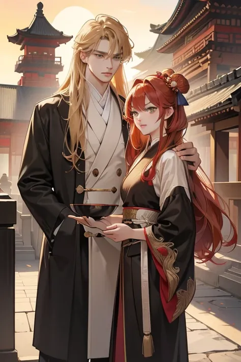 1girl and 1man, ((The girl has red hair and bright green eyes)), ((Boys have blond hair and golden eyes)), Ancient Chinese black coat 、Ancient Chinese black pants、Jade headdress 、 big full moon 、2 people standing side by side、ancient chinese castle、( Maste...