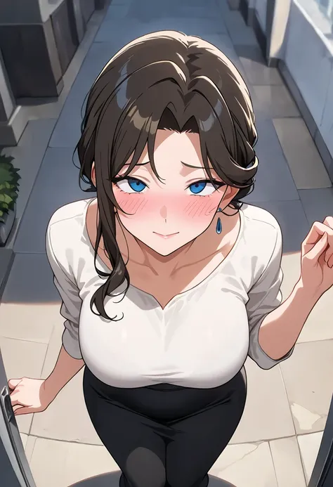 (( one woman standing upright on the floor)), masterpiece, top quality, LATEST ANIME ,  beautiful mature woman ,Outdoors .safe, Perfect Eyes, perfect eyes, and my cheeks are blushing, perfect hands