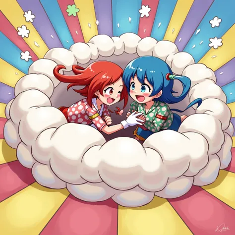 An anime-style illustration depicting many pierrot-girls playfully wrestling with each other inside a circus comical fight cloud.
each pierrot-girl has different colored hair.
their faces,hands,and feet are visible emerging from the cloud as they tussle hu...