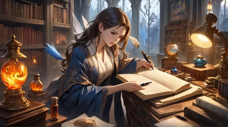 (( top quality)),(  Ultra High Resolution),(  very detailed),(  Detailed Explanation ),((  best CG  )),(  BEST ARTWORK  ),  ultra-precise art,  Amazing Painting Art,(exquisite fantasy art:1.5),  Female Librarian , serious, Exquisitely detailed robe, Quill ...