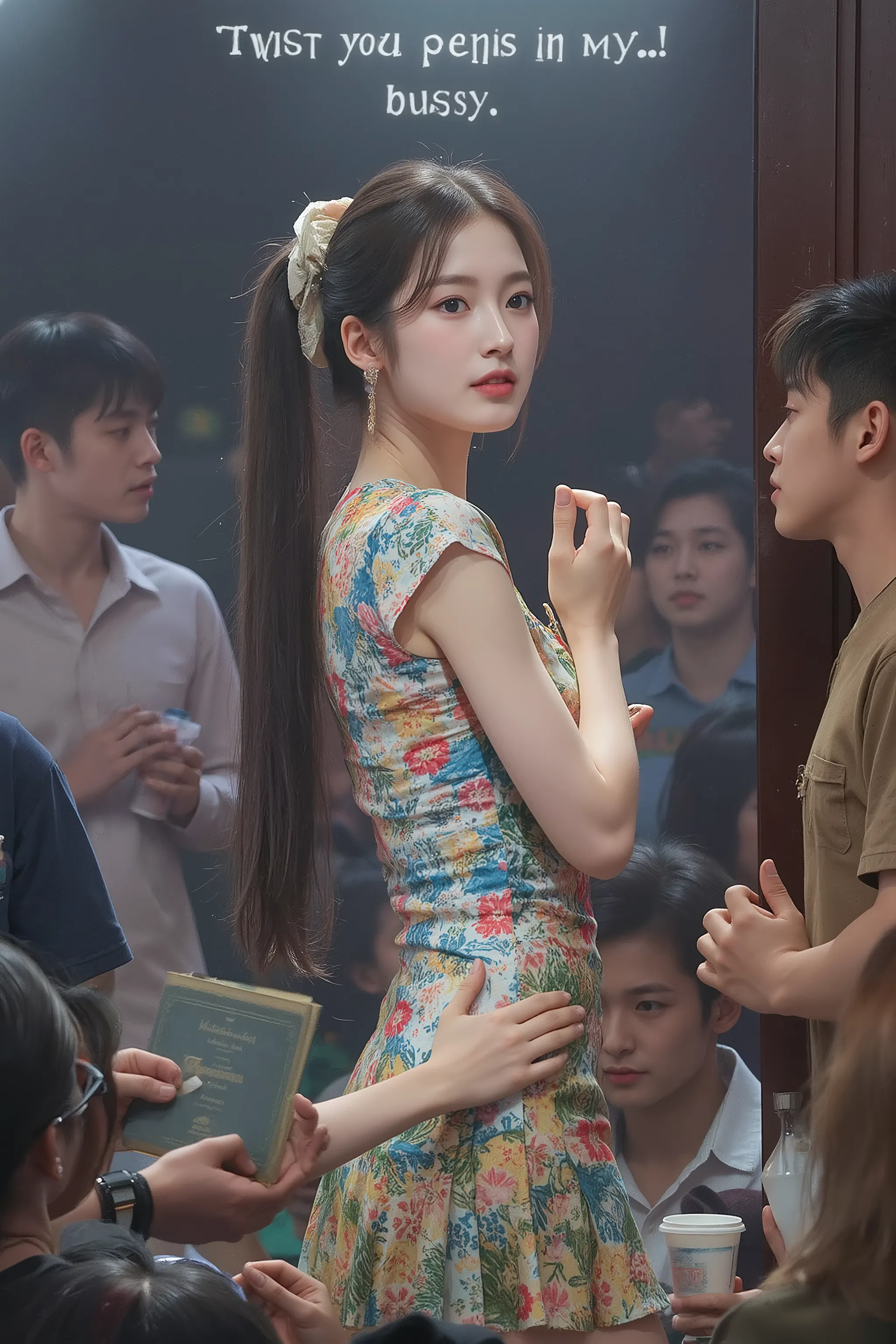 NSFW,
Shot with high-dispersion high-end lens,
Wide-angle lens,
Full-body shot,

A beautiful Korean girl is begging for a penis on a small stage,
She says "Twist your penis in my pussy",
She is the only girl,
Everyone else is a guy,
The girl has a very bea...