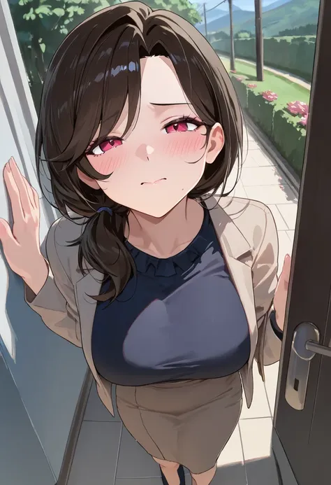 (( one woman standing upright on the floor)), masterpiece, top quality, LATEST ANIME ,  beautiful mature woman ,Outdoors .safe, Perfect Eyes, perfect eyes, and my cheeks are blushing, perfect hands, seen from the front 