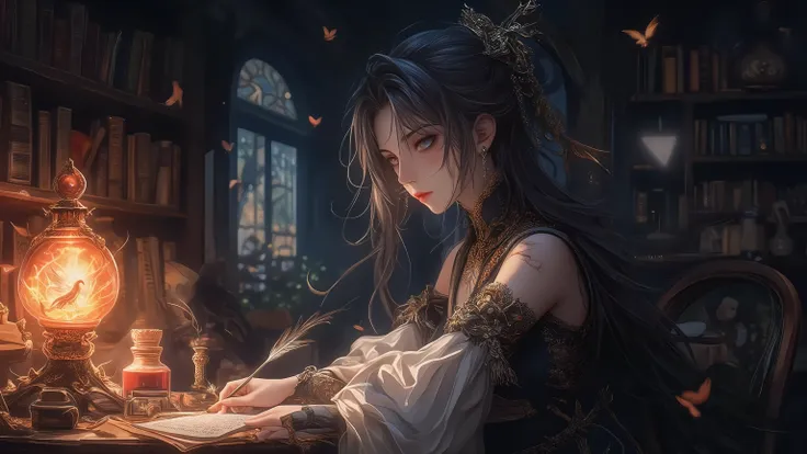 (( top quality)),(  Ultra High Resolution),(  very detailed),(  Detailed Explanation ),((  best CG  )),(  BEST ARTWORK  ),  ultra-precise art,  Amazing Painting Art,(exquisite fantasy art:1.5),  Female Librarian , serious, Exquisitely detailed robe, Quill ...