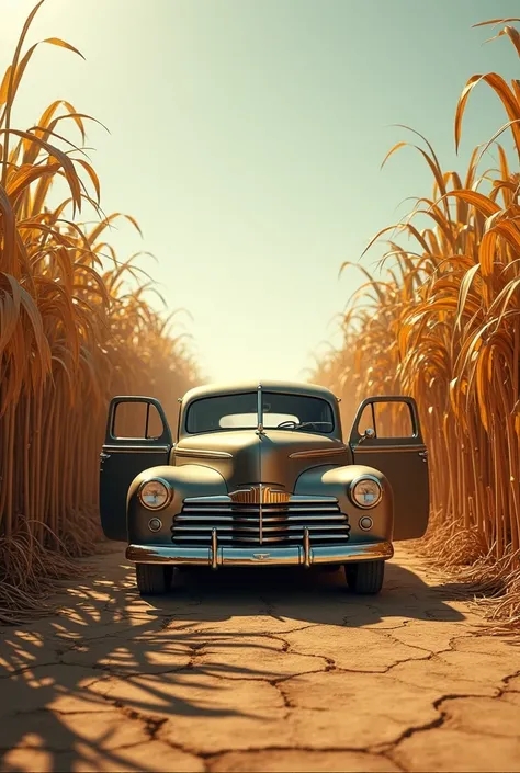 Realistic 1940 car standing with its doors open in a dry sugarcane field