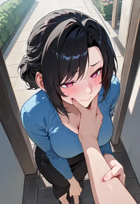 (( one woman standing upright on the floor)), masterpiece, top quality, LATEST ANIME ,  beautiful mature woman ,Outdoors .safe, Perfect Eyes, perfect eyes, and my cheeks are blushing, perfect hands, seen from the front 