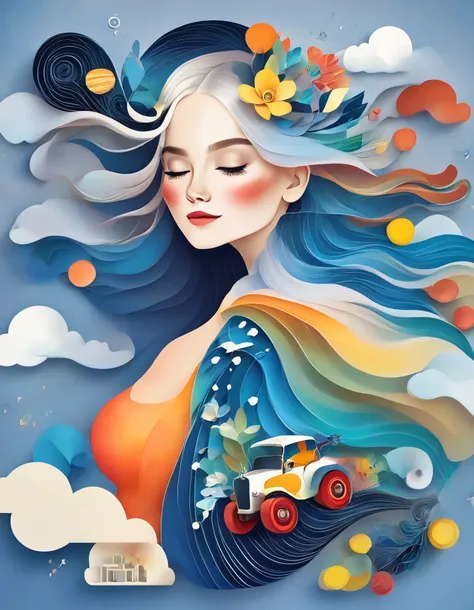 (Long Shot: 1.8), ( masterpiece,   Best Quality : 1.2), (Flat vector: 1.3),  art concept illustration ,  Minimalist,  Minimalist风格,),  A Chinese girl's head is decorated with many colorful trolley cases and(Playing cards playing cards ，sunglasses，straw hat...