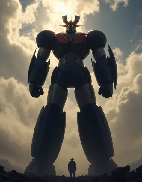 my eyes are shining 、 The giant Mazinger Z , Full of Power, Towering like a mountain , 。 Standing before me is an 800m tall giant. . god々 The shining cumulonimbus clouds are shining. black nad silver 太い腕 thick legs godか悪魔かわからない圧倒的迫力の...