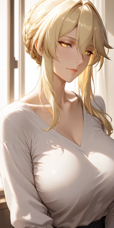 Masterpiece, very aesthetic, vibrant, high contrast, elegant mature woman, artoria pendragon (lancer) (fate), seductive eyes, housewife, long sleeve shirt, collarbone, upper body, curvaceous, soft light, best quality, semrealistic, honkai: star rail cg sty...