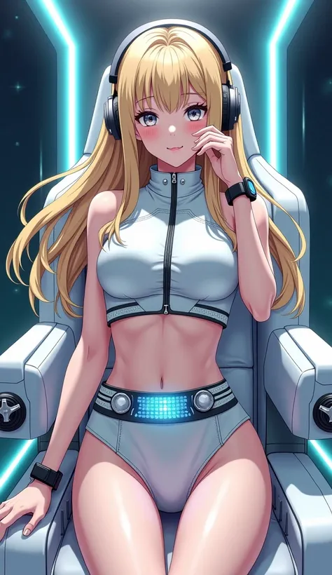 Detailed anime illustration, pixiv style,anime love-live style, zero gravity space. Woman dressed in white spaceship high-tech capsule, cold sleep device. Japanese woman, blonde long hair, blush,shy,wearing futuristic underwear with biosensors and circuit ...