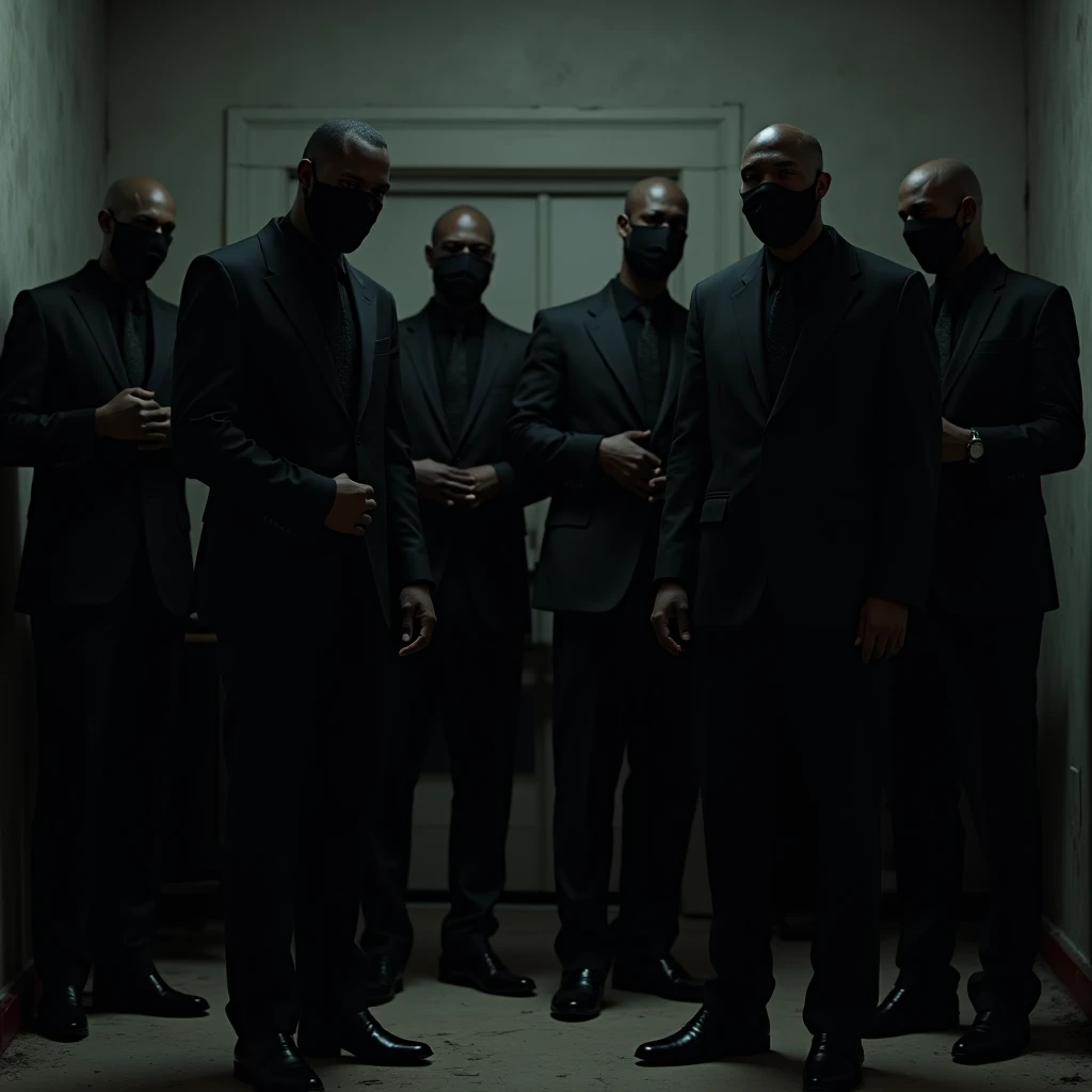 Generate an image of a lot of black men in masks looking down in an abandoned dark room putting on black suits