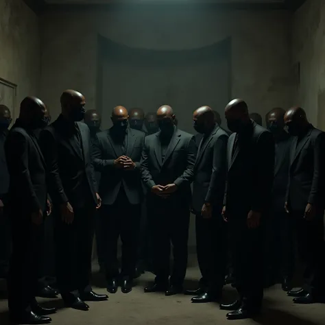 Generate an image of a lot of black men in masks looking down in an abandoned dark room putting on black suits