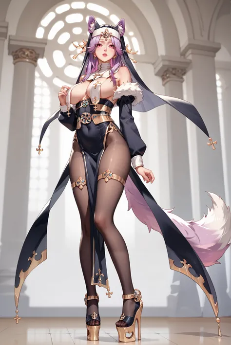 （ stands，whole body:1.7),ruanyi0847,bodysuit,breast curtains,dress,nun,pantyhose,pelvic curtain,HoleHeels，Hole platform/ oval/ Circle Heels，Heels ，Xiwangmu , queen dress, Pink eyes, purple hair, animal ear, jewelry,bare shoulder, fur trim, fox tail

