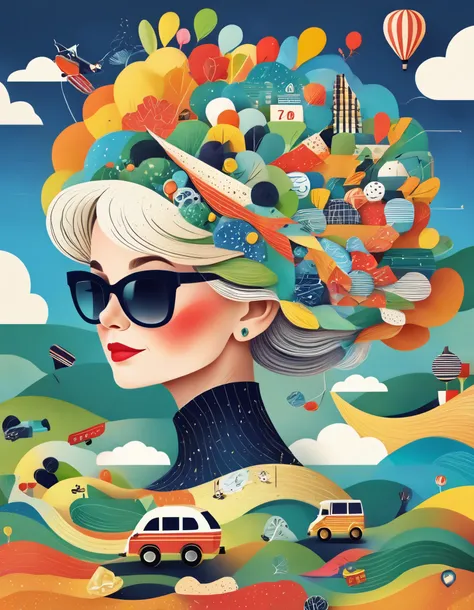 (Long Shot: 1.8), ( masterpiece,   Best Quality : 1.2), (Flat vector: 1.3),  art concept illustration ,  Minimalist,  Minimalist风格,), The head of a grey-haired Chinese grandmother is decorated with many colorful trolley cases and(Playing cards playing card...