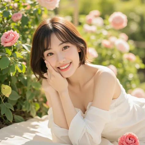 A charming 20-something cute super sexy Japanese person enjoying a relaxing moment in a breathtaking garden full of blooming flowers, captured in a medium close-up shot. They are dressed fashionably in warm colors such as soft white, wearing a revealing ye...