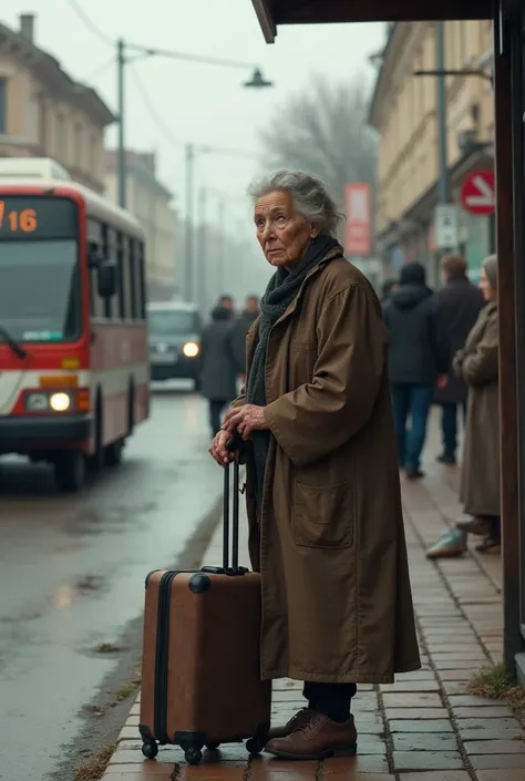 Russian grandmother on the verge of poverty , at 7 am, at rush hour, a minibus is waiting for a minibus in a provincial Russian town at a bus stop with a wheeled bag. In meme style