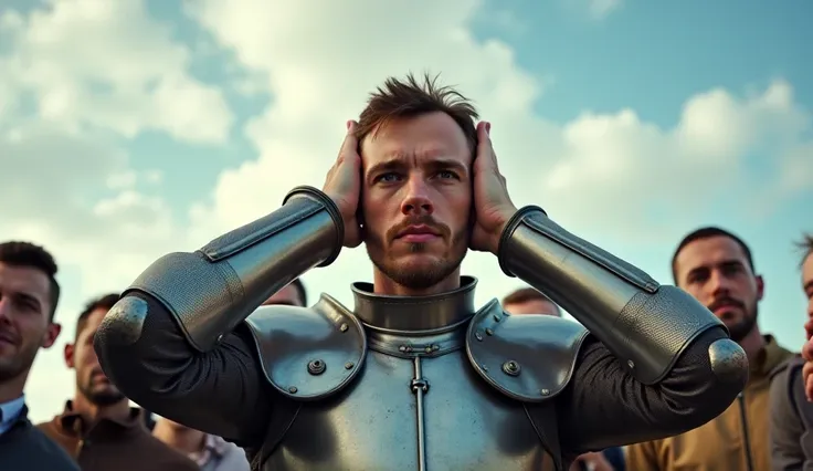 A man in medieval armor blocking his ears while people around him try to speak. The background shows an open sky, symbolizing missed opportunities due to a closed mind.