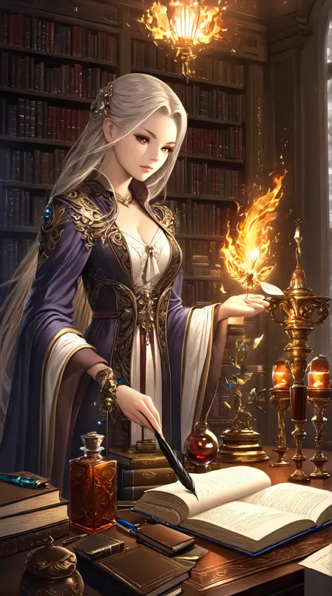 (( top quality)),(  Ultra High Resolution),(  very detailed),(  Detailed Explanation ),((  best CG  )),(  BEST ARTWORK  ),  ultra-precise art,  Amazing Painting Art,(exquisite fantasy art:1.5),  Female Librarian , serious, Exquisitely detailed robe, Quill ...