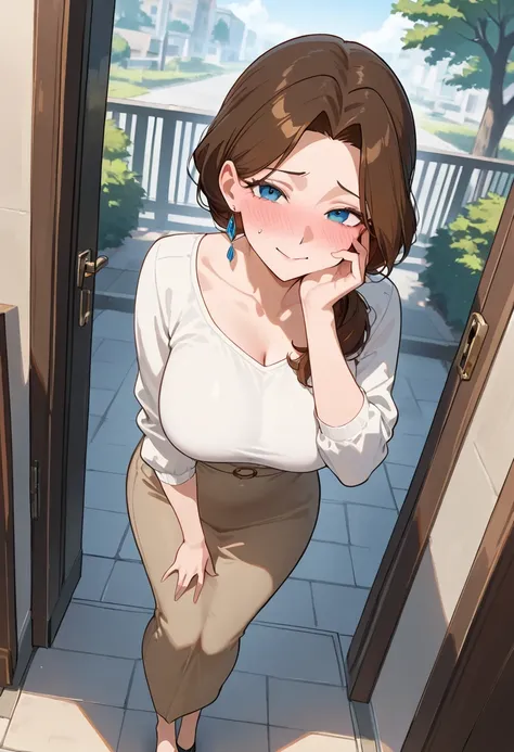 (( one woman standing upright on the floor)), masterpiece, top quality, LATEST ANIME ,  beautiful mature woman ,Outdoors .safe, Perfect Eyes, perfect eyes, and my cheeks are blushing, perfect hands, seen from the front 