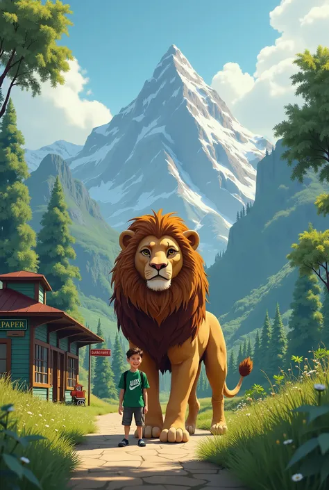 Lion with a boy green station and mauntain 