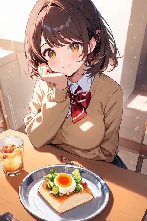 a school girl eating elegantly at the table