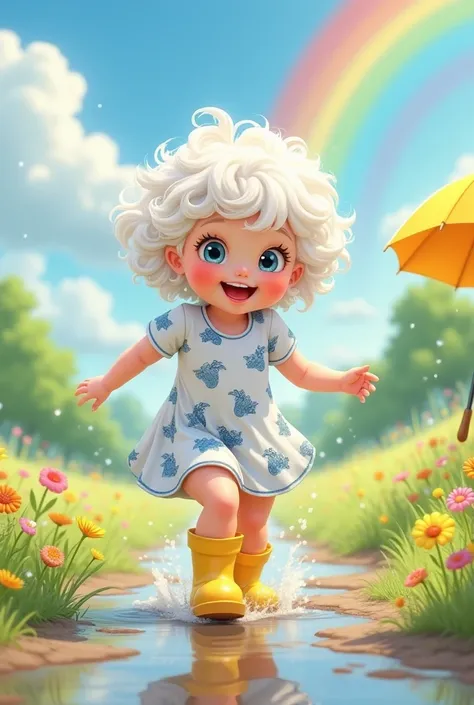 happy chubby , in a white short summer dress with a print with blue angels, white curly hair, doll eyes, runs through puddles in yellow rubber boots, a yellow umbrella lies open on the road, summer, rainbow, meadow, flowers, sun and clouds, cheerful, happy...