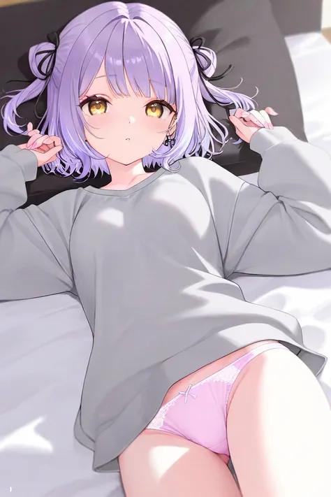 masterpiece、Alone,  1girl , Vspo , Sinomiya Runa, vtuber, light purple hair, yellow eyes, short hair, short hair, side twintails , 8k, best quality、gray Jersey.light pink stripe panties、Almost undressed、lie down